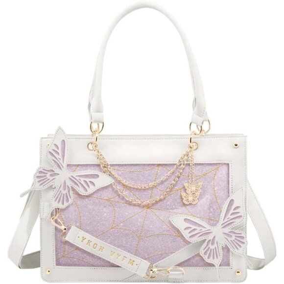 Y2K Gothic Labyrinth Butterfly Tote Bag Women's White Purple Pu Leather